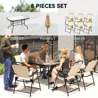 Outsunny 8 PCS Folding Patio Dining Set, Outdoor Bistro Set for 6, 47" Rectangle Table with 6 Folding Chairs, 7' Patio Umbrella with Crank, Outdoor Table Chair Set, Beige(m-4)