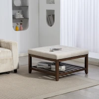 HOMCOM Ottoman Coffee Table, 32 Inch Square Footrest Ottoman with Storage, Linen Upholstered Tufted Footstool, Beige(m-8)