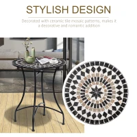 Outsunny Mosaic Patio Table, Round Coffee Table with Metal Frame, Garden Furniture for Outdoor, Poolside, Black(m-6)