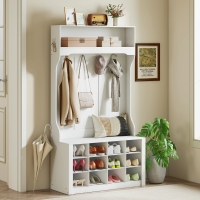 HOMCOM 4-In-1 Hall Tree with Bench and Shoe Storage, Farmhouse Coat Rack Shoe Bench with 12 Shoe Cubbies, 6 Hooks, White