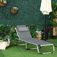 Outsunny Folding Lounge Chair, Aluminum Frame Tanning Chair, Patio Lounger with Headrest, 5-Level Adjustable Backrest, Grey(m-1)