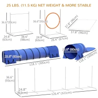 PawHut 7 Pcs Dog Agility Kit w/ Tunnels, Weave Poles, Adjustable Hurdles, Jump Ring, Pause Box, Whistle, Carry Bag, Blue(m-3)
