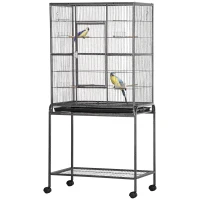 PawHut Large Rolling Metal Bird Cage Bird House with Detachable Rolling Stand, Storage Shelf, Wood Perch Food Container - Black(m-11)
