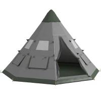 Outsunny 6 People Camping in a Family Teepee Tent with Mesh Windows, Tent Floor, Door and Carry Bag for Hiking, Picnic, Grey(m-9)
