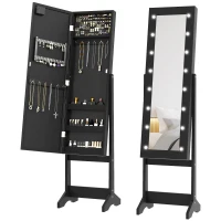 HOMCOM Free Standing Armoire Organizer, Lighted Mirrored Jewelry Cabinet w/ Angle Adjustable & 16 LED Lights Black(m-9)