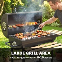 Outsunny Charcoal BBQ Grill with Foldable Shelves, Barbecue Grill with Warming Rack, Thermometer, Wheels, Natural Wood and Black(m-4)
