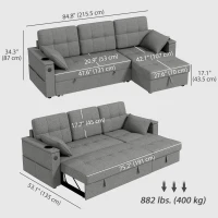 HOMCOM Convertible Sectional Sofa Bed, Pull Out Sleeper Sofa Couch with USB‑A+C, Chaise Storage, L-Shaped Futon Couch, Grey(m-3)
