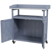 Outsunny Outdoor Wooden Potting Bench with Storage Cabinet, Aluminum Tabletop, Rubber Wheels for Backyard, Patio, Balcony, Grey(m-2)
