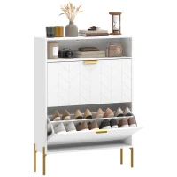 HOMCOM Shoe Cabinet with 2 Flip Drawers, Modern Narrow Shoe Storage Cabinet with Open Compartment, Adjustable Shelves, White(m-2)