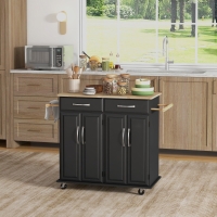 HOMCOM Kitchen Island on Wheels with Rubberwood Top, Rolling Kitchen Cart with 2 Drawers, 4 Doors and Adjustable Shelves