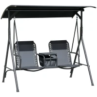 Outsunny 2 Person Covered Porch Swing Patio Swing with Pivot Storage Table, Cup Holder, & Adjustable Overhead Canopy, Black(m-9)