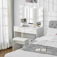 HOMCOM Makeup Vanity Desk Set with Stool, Dressing Table with LED Lighting Mirror, Drawers, for Bedroom, White(m-8)