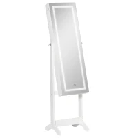 HOMCOM Lockable Jewelry Armoire with LED Light, Standing Mirror with Storage for Bedroom Dressing Room, White(m-11)