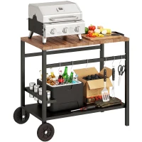 Outsunny Outdoor Grill Cart, 2-Tier Pizza Oven Stand, BBQ Stand with Beverage Holder, Hooks, Wheels, Black and Brown(m-9)