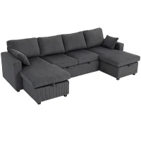 HOMCOM Convertible Sofa Bed, Corduroy U-Shaped Sleeper Sofa Couch with Storage Chaise, Pillows, Spring, Futon Couch, Grey(m-9)