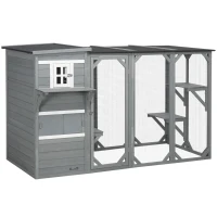 PawHut Wooden Cat Catio, 76"L Walk in Outdoor Cat House with Asphalt Roof, Platforms, Lockable Doors, 3-tier Resting Condo, Observation Window, for 2-3 Cats, Light Grey(m-11)