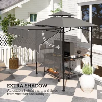 Outsunny 8' x 7.6' Grill Gazebo, Double Tiered Barbecue Grill Gazebo Shelter w/ Side Awning, 2 Side Shelves, 6 Hooks, Dark Grey(m-4)