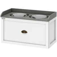 PawHut Elevated Dog Bowls Raised Pet Feeding Station with Storage 2 Stainless Steel Bowls, 23.6"x11.8" x14.2", White(m-11)
