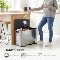 HOMCOM Garbage Bin, Soft-Close Trash Can with Foot Pedal, 3x5 Gallon (3x20 L) Garbage Can with Removable Inner Buckets, Silver(m-6)