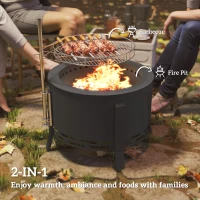 Outsunny Outdoor Fire Pit, Round Firepit with Grill Grate, Fire Bowl with Ash Catcher and Poker for Backyard Camping Bonfire Picnic, Black(m-4)