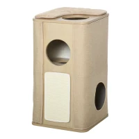 PawHut Wooden Cat Condo 3 Story Barrel Tower w/ Perch Removable Cover Cushions Sisal Scratching Carpet, Brown(m-1)