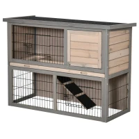 PawHut 2-tier Wood Rabbit Hutch Backyard Bunny Cage Habitat Small Animal House w/ Ramp, Slide Out Tray and Outdoor Run, Light Grey(m-11)