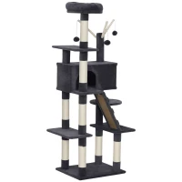 PawHut 59 Inch Large Cat Tree with Sisal Scratching Posts, Cozy Condo, Top Perch, Ladder and Interactive Balls, Dark Grey(m-2)