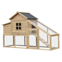 PawHut 69" Wooden Chicken Coop, Poultry Cage Hen House with Connecting Ramp, Removable Tray, Ventilated Window and Nesting Box, Natural(m-1)