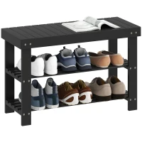HOMCOM Bamboo Shoe Storage Bench, 3-Tier Entryway Bench with 2 Storage Shelves for Hallway, Holds 6 Pairs, Black(m-9)