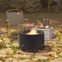 Outsunny Outdoor Fire Pit, Round Firepit with Grill Grate, Fire Bowl with Ash Catcher and Poker for Backyard Camping Bonfire Picnic, Black(m-7)