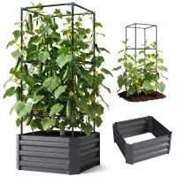 Outsunny Galvanized Planter Box, 24" x 24" x 55" Raised Garden Bed with Tomato Cage for Climbing Vines, Dark Gray(m-1)