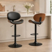 HOMCOM Bar Stools Set of 2, Modern PU Leather Adjustable Swivel Barstools with Curved Back, Footrest and Steel Base, Black(m-1)