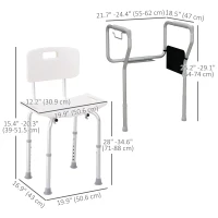 HOMCOM Shower Chair and Toilet Safety Rail Set, Height Adjustable Bath Chair, Width and Height Adjustable Toilet Rail, Assist Grab Bar for Seniors, Easy Installation(m-3)