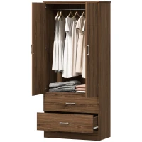 HOMCOM Wardrobe Closet Armoire with Hanging Rod and 2 Doors, Clothes Storage Organizer with 2 Drawers for Bedroom, Walnut(m-2)