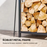 Outsunny Firewood Rack with 4 Fireplace Tools, 2-Tier Metal Log Holder with Hooks, 132 lbs Capacity for Indoor Outdoor, Black(m-7)