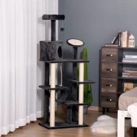 PawHut 67.75" Cat tree Tower Climbing Kitten Activity Center Furniture with Jute Scratching Post Pad Condo Perch Hanging Balls Tunnel Teasing Rope Dark Grey(m-17)