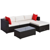 Outsunny 5 Pieces Patio Wicker Patio Furniture Sofa Set with Thick Cushions, Outdoor Modular PE Rattan Sectional Conversation Couch with Glass Top Table, Cream White(m-2)