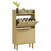 HOMCOM Slim Shoe Storage with 2 Flip Drawers and Adjustable Shelves, Rattan Shoe Cabinet Organizer for 12 Pair, Oak(m-9)