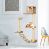 PawHut Wall Mounted Cat Tree with Scratching Post Condo Bridge Cat Climbing Shelves Furniture, Brown(m-1)