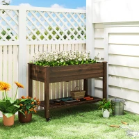 Outsunny Mobile Raised Garden Bed Elevated Wood Planter Box with Lockable Wheels, Storage Shelf for Herbs Vegetables, Carbonized(m-1)