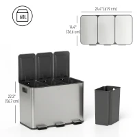HOMCOM Garbage Bin, Soft-Close Trash Can with Foot Pedal, 3x5 Gallon (3x20 L) Garbage Can with Removable Inner Buckets, Silver(m-3)