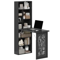 HOMCOM Fold-out Convertible Office Desk, Wall Mount Computer Desk with Blackboard and Side Shelf, Black(m-11)