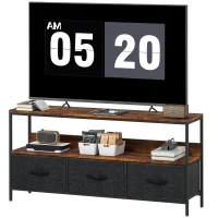 HOMCOM TV Stand with Charging Station, TV Table with 3 Foldable Linen Drawers and Open Shelf for 55 Inch Television, Rustic Brown(m-2)