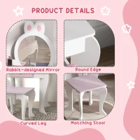Qaba Kids Makeup Vanity Set with Stool, Mirror, Drawer, Storage Boxes, Rabbit Design, White(m-6)