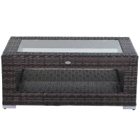Outsunny 2-Tier Rattan Patio Coffee Table Outdoor Side Table PE Wicker Patio Garden Tea End Desk with Tempered Glass Top & Storage for Balcony, Backyard, Poolside(m-9)