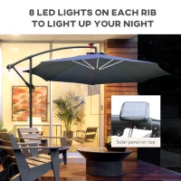 Outsunny 10ft Cantilever Solar Hanging Offset Umbrella Outdoor LED Lights Aluminum Market Banana Parasol Crank w/ Cross Base Garden Sun Shelter Blue(m-5)