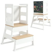 Qaba 2 in 1 Toddler Tower Kitchen Helper w/ Chalkboard, Safety Rail, for Counter, Bathroom, Sink, Kitchen, White(m-9)