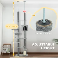 PawHut 89"-100" Floor to Ceiling Cat Tree for Indoor Cats, Activity Center with Cat Perch & Condo, Gray(m-4)