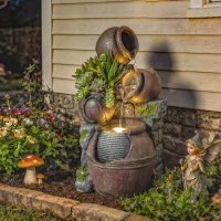 Outsunny Outdoor Fountain with 4-Tier Rustic Pot Design, Cascading Rock Waterfall with LED Lights and Adjustable Flow(m-1)