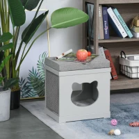 PawHut Indoor Cat Bed with 2 Exterior Scratching Boards, Cat Cube House with Removeable Cushions, 16" L x 12" W x 14" H, Grey(m-8)